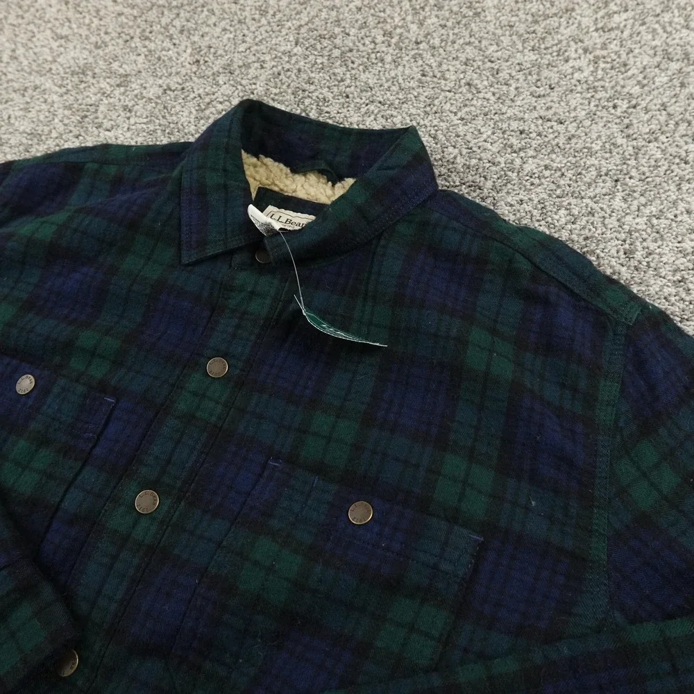 NEW L.L.Bean Jacket Mens M Green Sherpa Lined Scotch Plaid Flannel Shirt Shacket